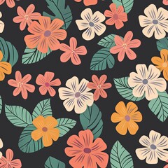 Brown flowers, leaves on black background creating seamless textile pattern