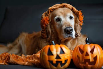 A carnivore dog in a Halloween costume rests beside winter squash and pumpkins