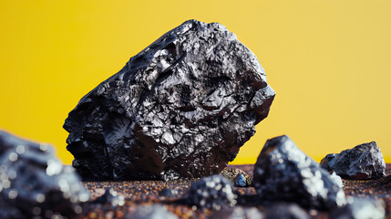 Macro photography, close-up shot, raw, uncut, unrefined silver ore rocks, isolated against modern yellow background. Bright, studio lighting, bokeh, mining, mined