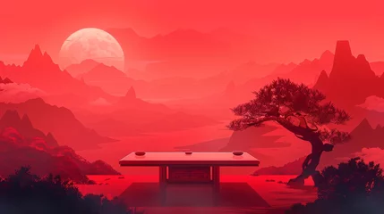 Tischdecke Background depicts a colourful Oriental style dinner table against a misty cloud and tree. Mountains and moon are outlined in a red sky. © Mark