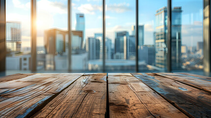 Empty wood table top and blur glass window wall building banner mock up abstract background