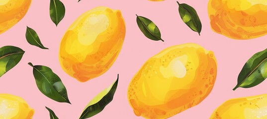 Art painting with lemons, green leaves on pink background pattern