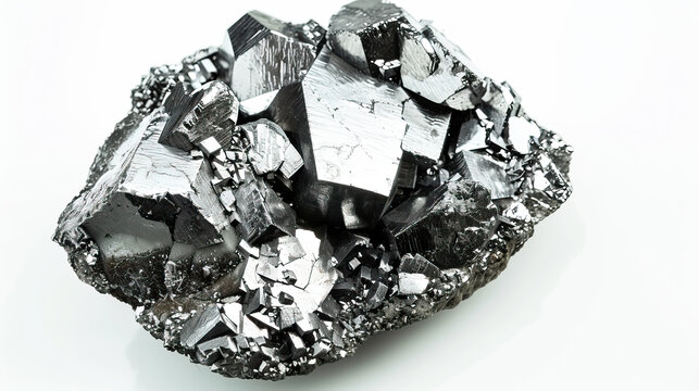 Macro photography, close-up shot, raw, uncut, unrefined silver ore rocks, isolated against white background. Bright, studio lighting, bokeh, mining, mined