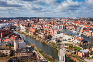 Fototapeta na wymiar Aerial landscape of the Main Town of Gdansk by the Motlawa river, Poland.
