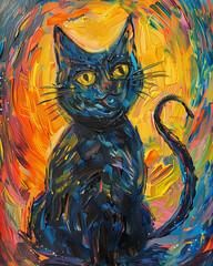 Oil painting black cat on a bright background, cat print, cat art