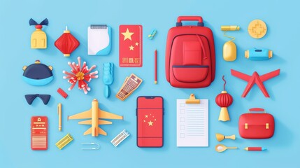 Set of traveling elements isolated on light blue background, including phones, tickets, planes, notepads, firecrackers, golds, backpacks, and suitcases.