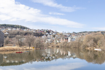 Walking along Nidelven (River) in a Spring mood in Trondheim city - 782995267