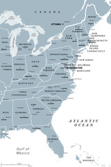 East Coast of the United States, gray political map. Also Eastern Seaboard, Atlantic Coast, and Atlantic Seaboard. The Region and coastline where the Eastern United States meets the Atlantic Ocean.  - 782995277