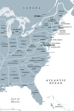 East Coast of the United States, gray political map. Also Eastern Seaboard, Atlantic Coast, and Atlantic Seaboard. The Region and coastline where the Eastern United States meets the Atlantic Ocean. 