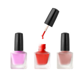 Three nail polish bottles with brush on white background