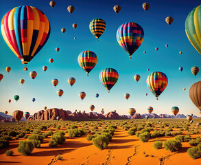 Obraz premium A group of hot air balloons flying over a desert landscape.