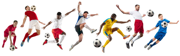 Collage. Young male athletes, football, soccer players in motion with ball isolated on transparent...