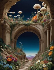 An enchanting fantasy scene unfolds within ancient ruins, overgrown with giant mushrooms and vibrant flowers, opening to a starry sky.