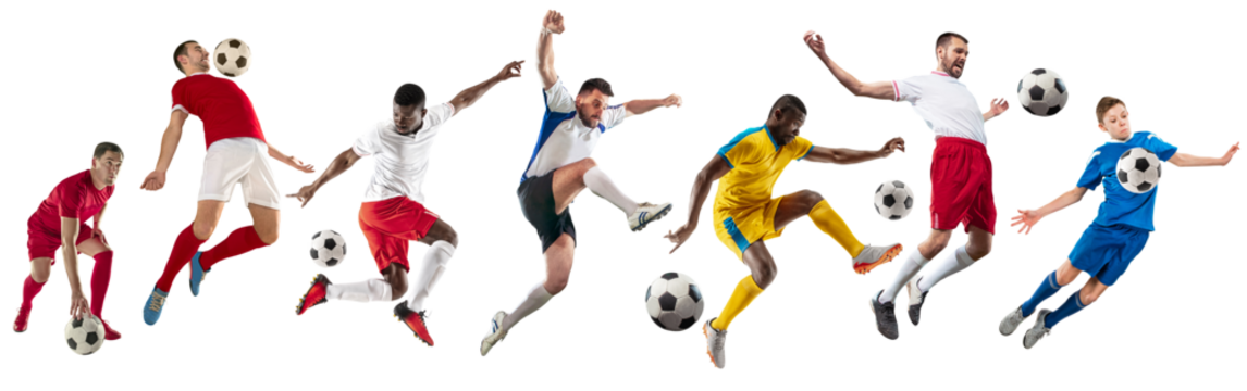 Collage. Young male athletes, football, soccer players in motion with ball isolated on transparent background. Concept of professional sport, competition, tournament, active lifestyle - Powered by Adobe