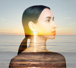 Double exposure of beautiful woman and sea at sunset