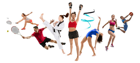 Sport collage about kickboxing, basketball, badminton, taekwondo, tennis players,athletics, rhythmic gymnastics, running and jumping in height. Concept of professional sport, competition, tournament