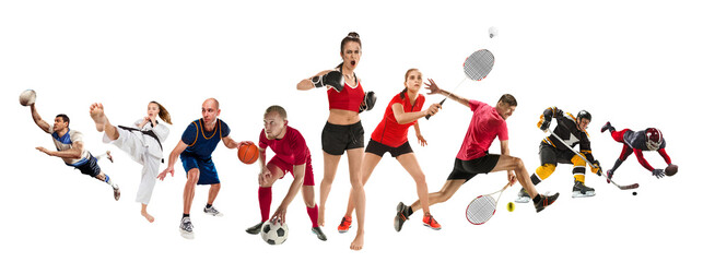 Sport collage about kickboxing, soccer, American football, basketball, ice hockey, badminton, taekwondo, tennis, rugby players. Fit men and women training. Concept of professional sport, competition - obrazy, fototapety, plakaty