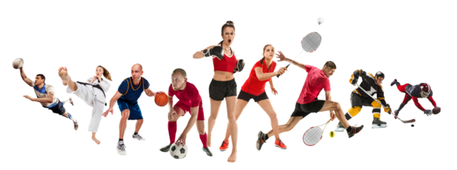 Sport collage about kickboxing, soccer, American football, basketball, ice hockey, badminton, taekwondo, tennis, rugby players. Fit men and women training. Concept of professional sport, competition