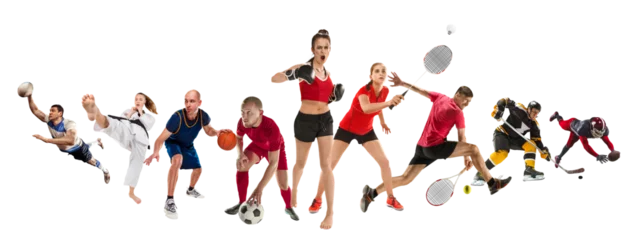 Fotobehang Sport collage about kickboxing, soccer, American football, basketball, ice hockey, badminton, taekwondo, tennis, rugby players. Fit men and women training. Concept of professional sport, competition © master1305