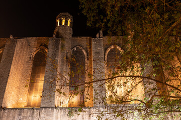 Barcelona, Spain: facade of Santa Maria del Pi at night, Barri Gotic district