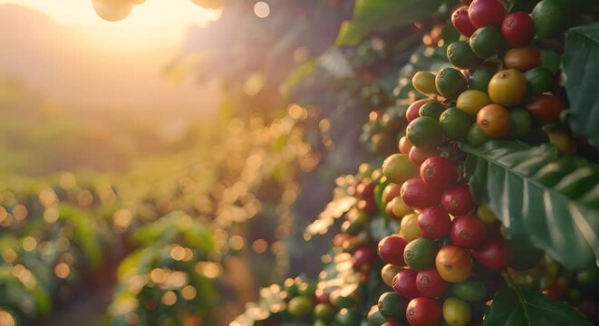 Coffee beans ripening on a tree branch in the sunlight