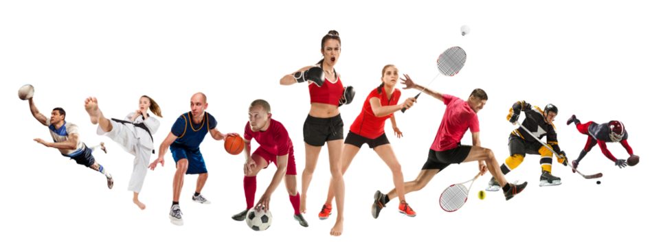 Sport collage about kickboxing, soccer, American football, basketball, ice hockey, badminton, taekwondo, tennis, rugby players. Fit men and women training. Concept of professional sport, competition