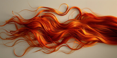 Closeup silky copper orange wavy wig hair swatch tangerine ginger carrot red shiny color dye tone...