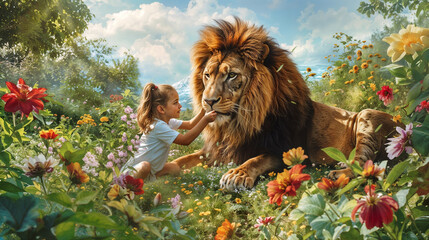 A young girl playing with a lion in the middle of a beautiful garden New Earth life according to the Bible - obrazy, fototapety, plakaty