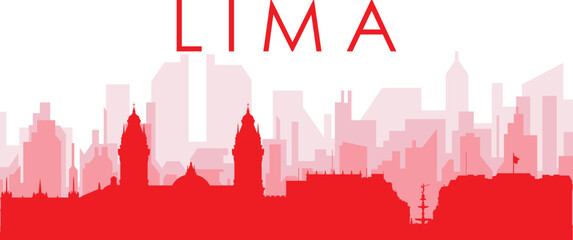 Red panoramic city skyline poster with reddish misty transparent background buildings of LIMA, PERU