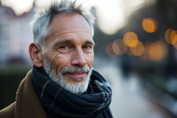 Portrait of senior man with grey beard and scarf in the city