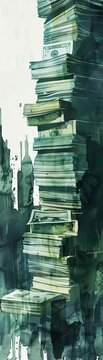 Stacks of money depicted in a dark, soulful watercolor style, set in a laboratory to explore the ethics of wealth in science, 