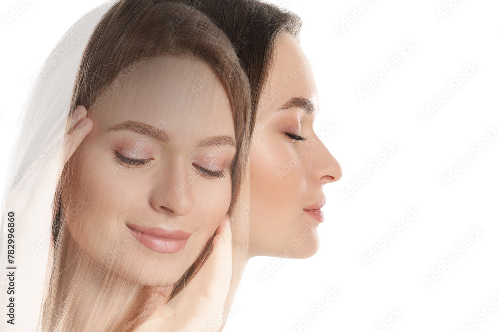 Wall mural double exposure of beautiful young woman on white background