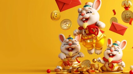 The banner shows a rabbit doing the lion dance on a floating red envelope and another holding a sycee on a coin. Red and yellow envelopes and coins flying in the back on a yellow background. Text: