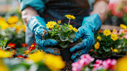 Gardener at work, nurturing vibrant flowers in a sunny greenhouse