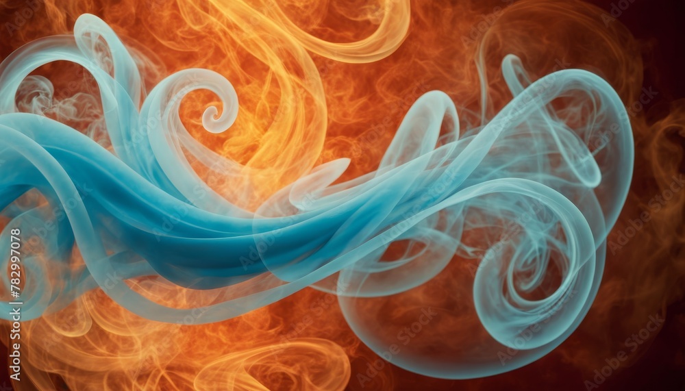 Poster an abstract image with intertwining wisps of blue and orange smoke, evoking the sense of a dynamic, 