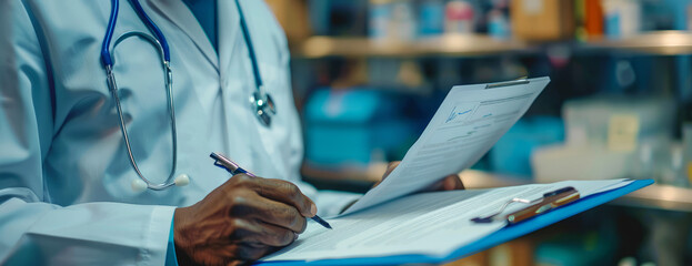 Medical professional intently filling out paperwork in a clinical setting