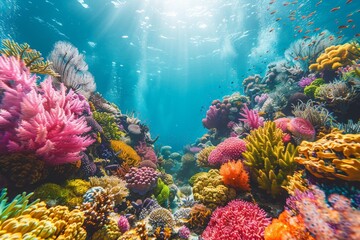 An immersive exploration of a vibrant underwater ecosystem with sunlight filtering through the crystal-clear blue water illuminating the coral