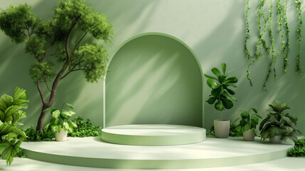 Empty round pedestal surrounded by lush green tropical leaves on a deep green background. Copy space for product presentation. Podium or stage with copy space
