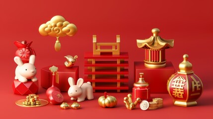 Obraz na płótnie Canvas Decorative 3d CNY elements set on red background. This set comprises gold clouds, staircase, lanterns, coins, gold ingots, gifts, cylinder stages, hexagonal drawers, and rabbits.