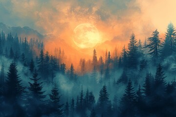 Fototapeta premium A serene scene featuring a full moon rising above silhouetted pine trees amidst a misty, orange-hued forest at dusk