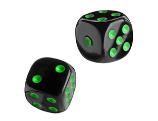 Two black dice in air on white background