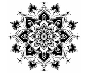 Intricate black and white mandala design with symmetrical geometric patterns
