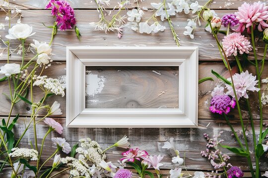 A floweradorned picture frame sits on a wooden table