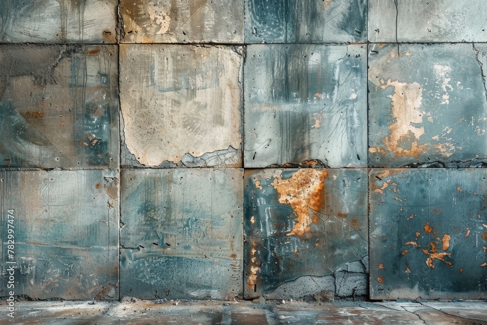 Poster a close-up of a weathered metallic wall, showcasing textures and patterns formed by time