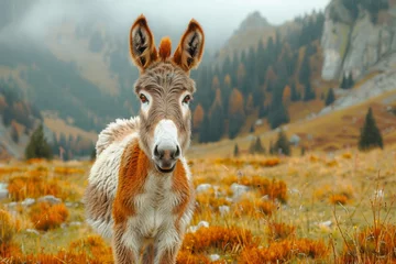 Tuinposter Charming donkey with a friendly expression standing amongst orange grass in a serene mountain landscape © Larisa AI