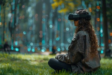 An individual seated in a forest with virtual reality headset, the scene combines tranquility with digital era escapism - obrazy, fototapety, plakaty