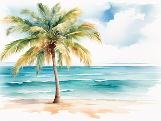 Fototapeta na wymiar Watercolor painting background of a palm tree on the beach with ocean sea. Generative AI