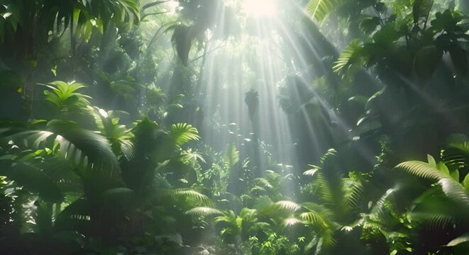 lush green jungle with sun rays shining through the trees