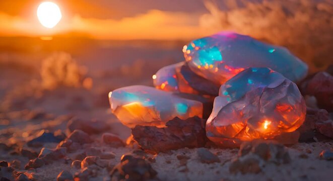Opal stones against a blurred outback, fiery mystery