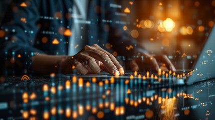 Business analyst engaged in data processing on a laptop with digital financial charts
